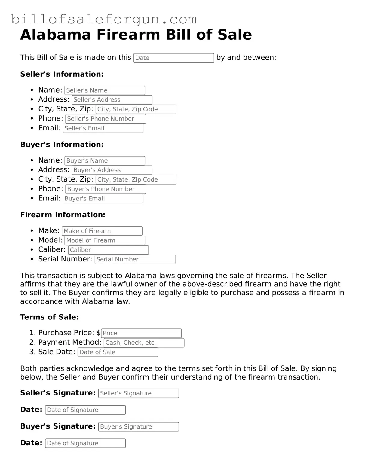 Free Firearm Bill of Sale Document for Alabama State