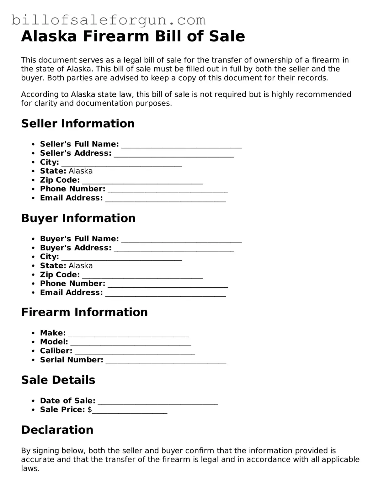 Free Firearm Bill of Sale Document for Alaska State