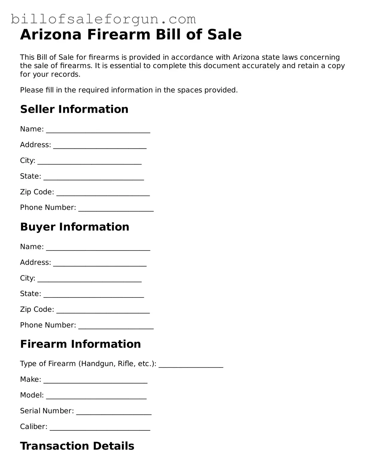 Free Firearm Bill of Sale Document for Arizona State