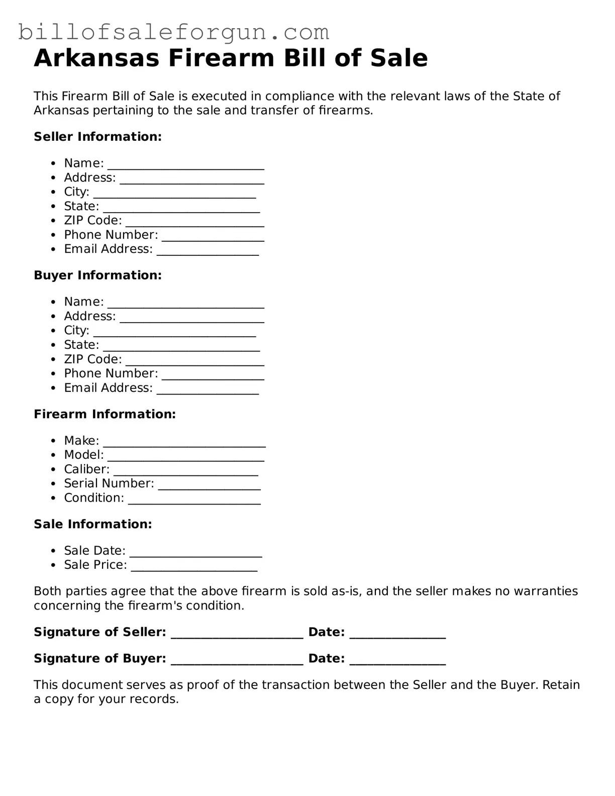 Free Firearm Bill of Sale Document for Arkansas State