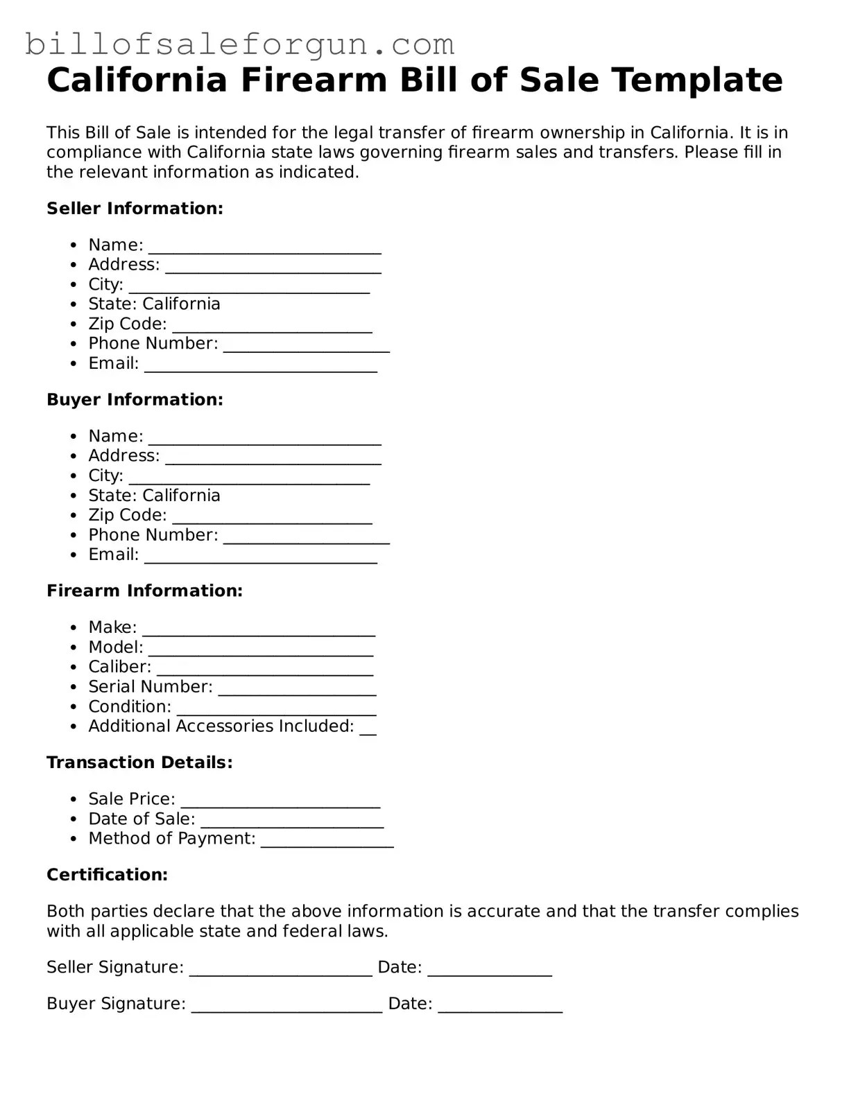 Free Firearm Bill of Sale Document for California State