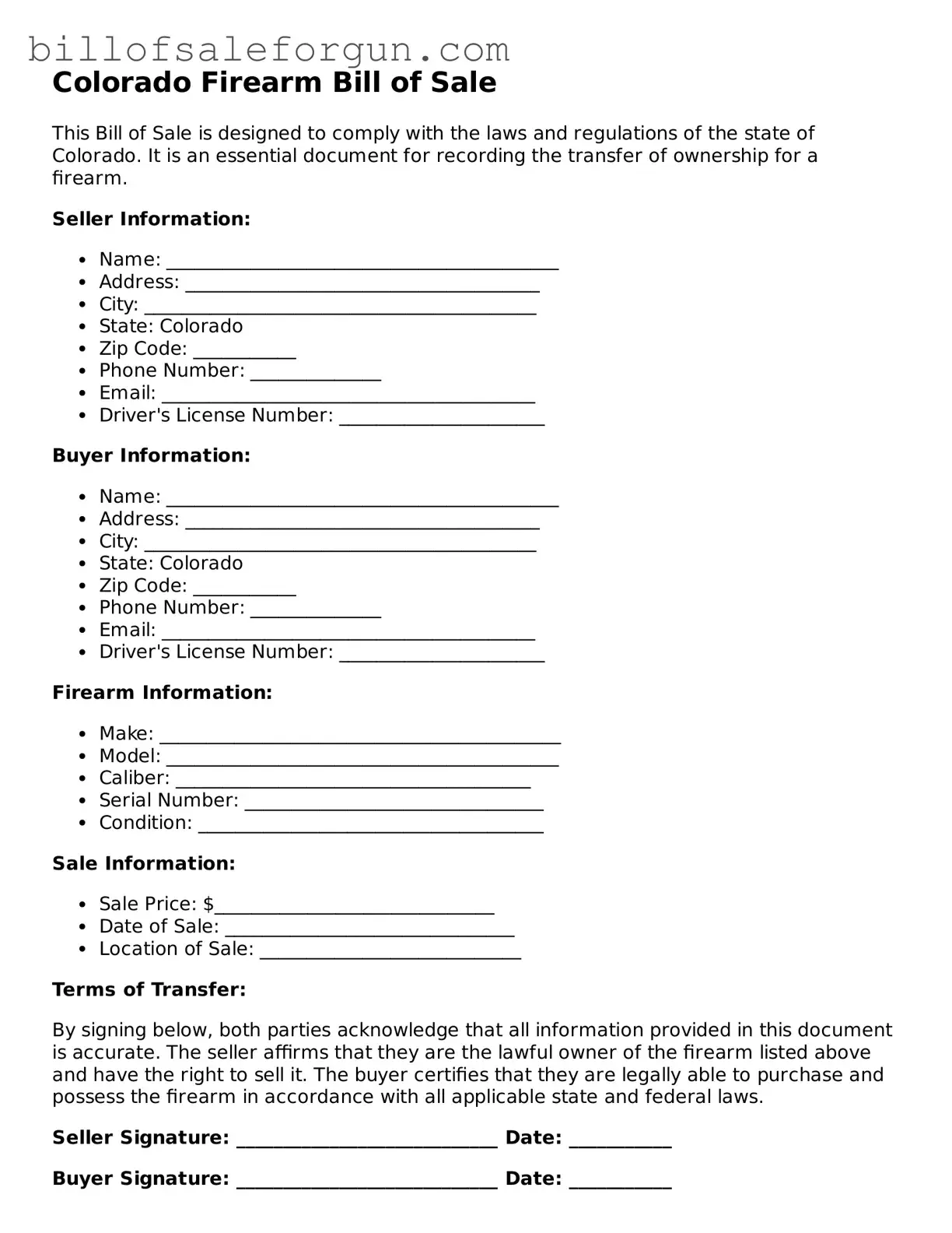 Free Firearm Bill of Sale Document for Colorado State