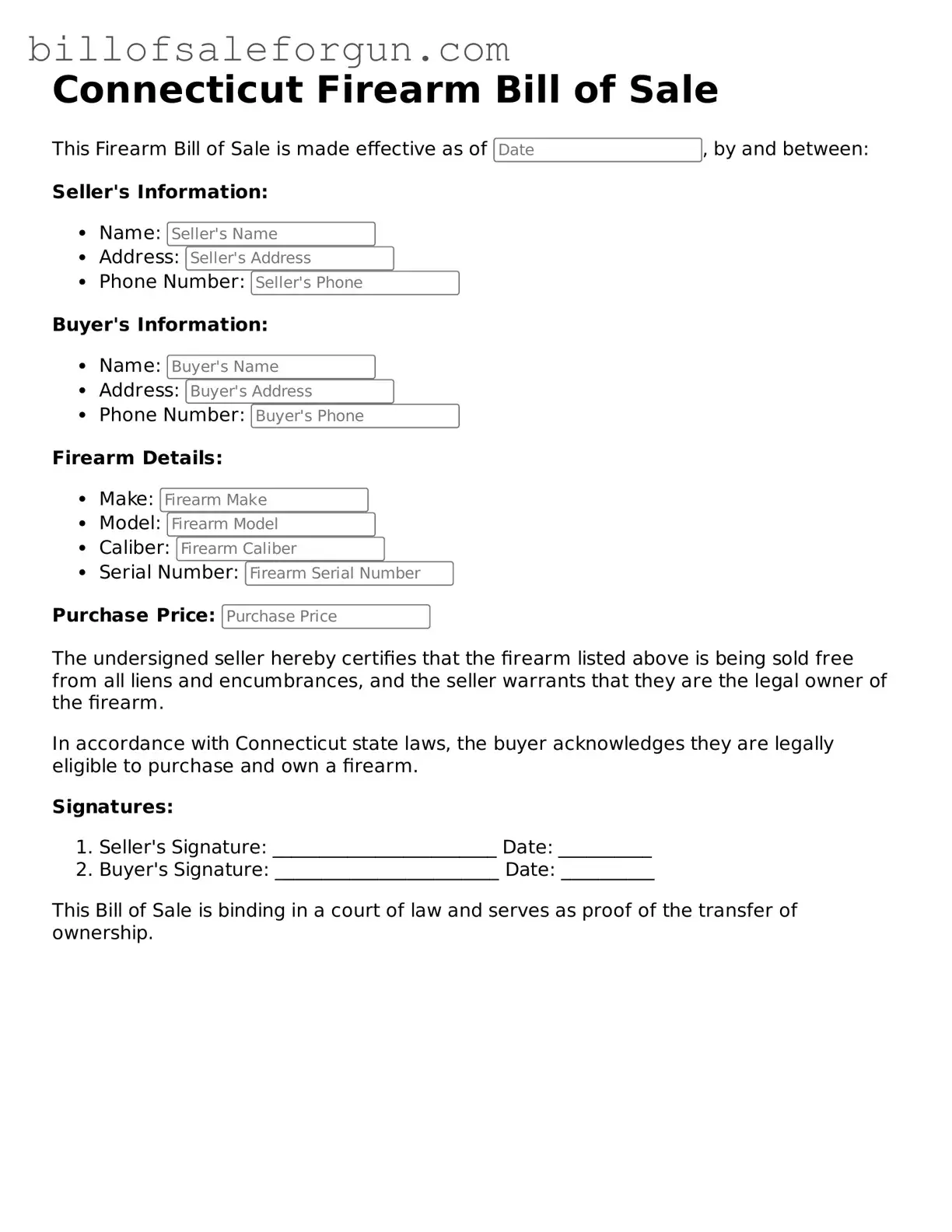Free Firearm Bill of Sale Document for Connecticut State