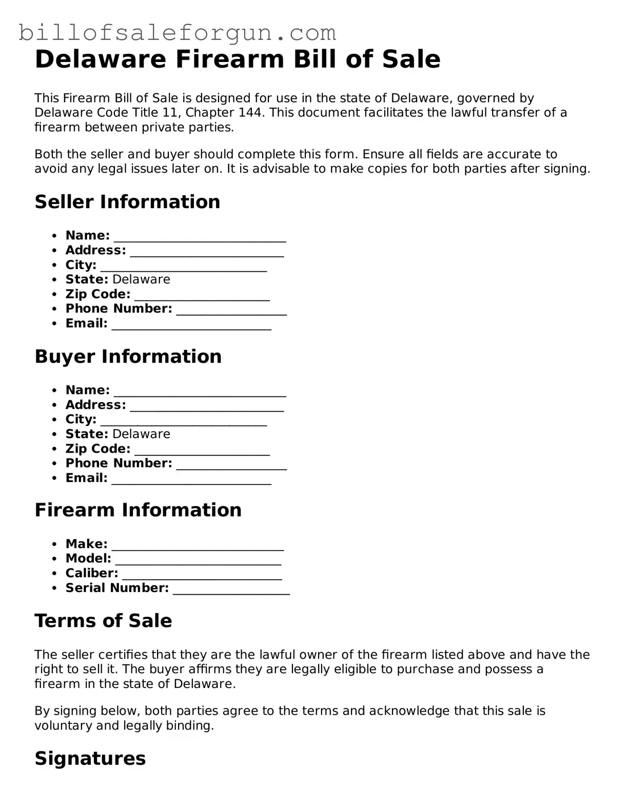 Free Firearm Bill of Sale Document for Delaware State