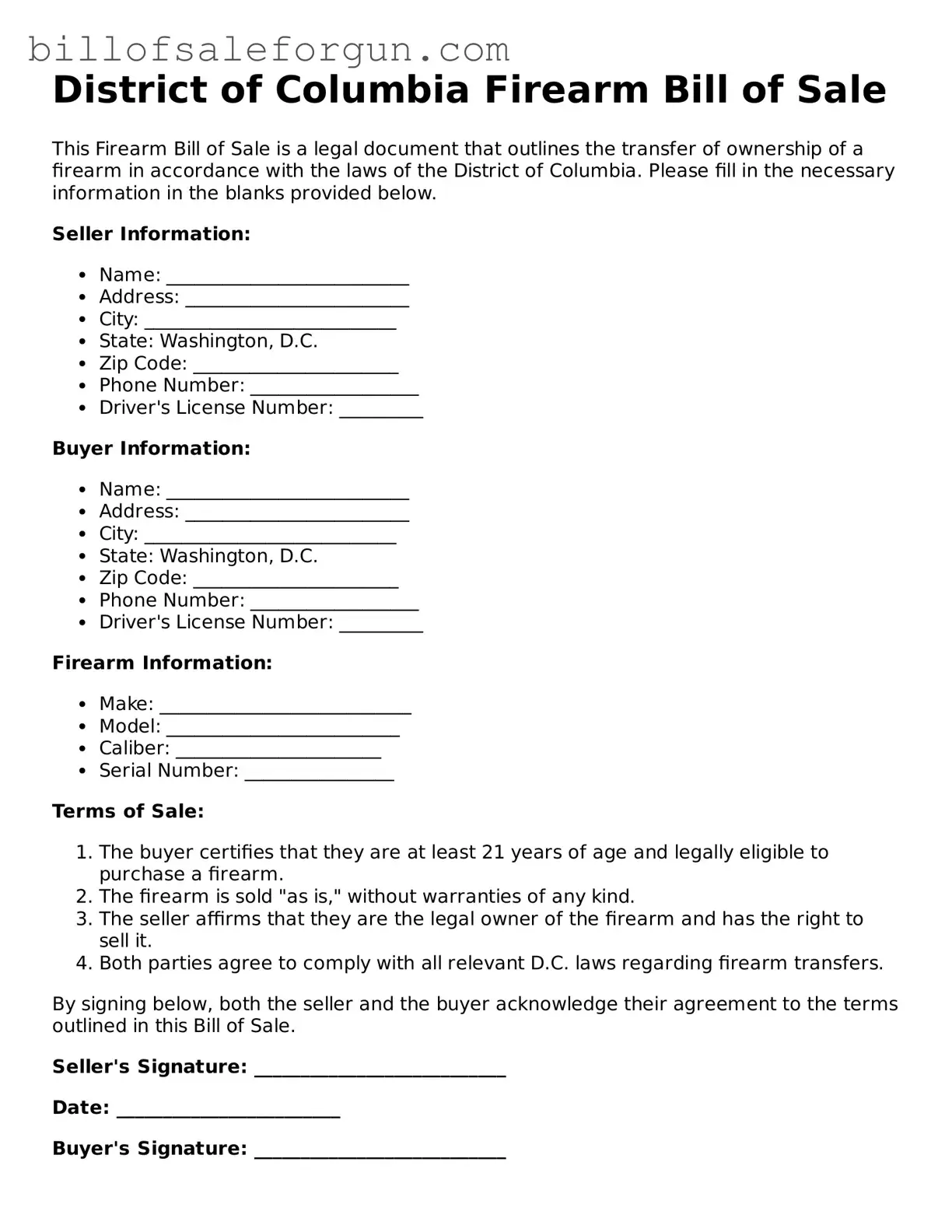 Free Firearm Bill of Sale Document for District of Columbia State
