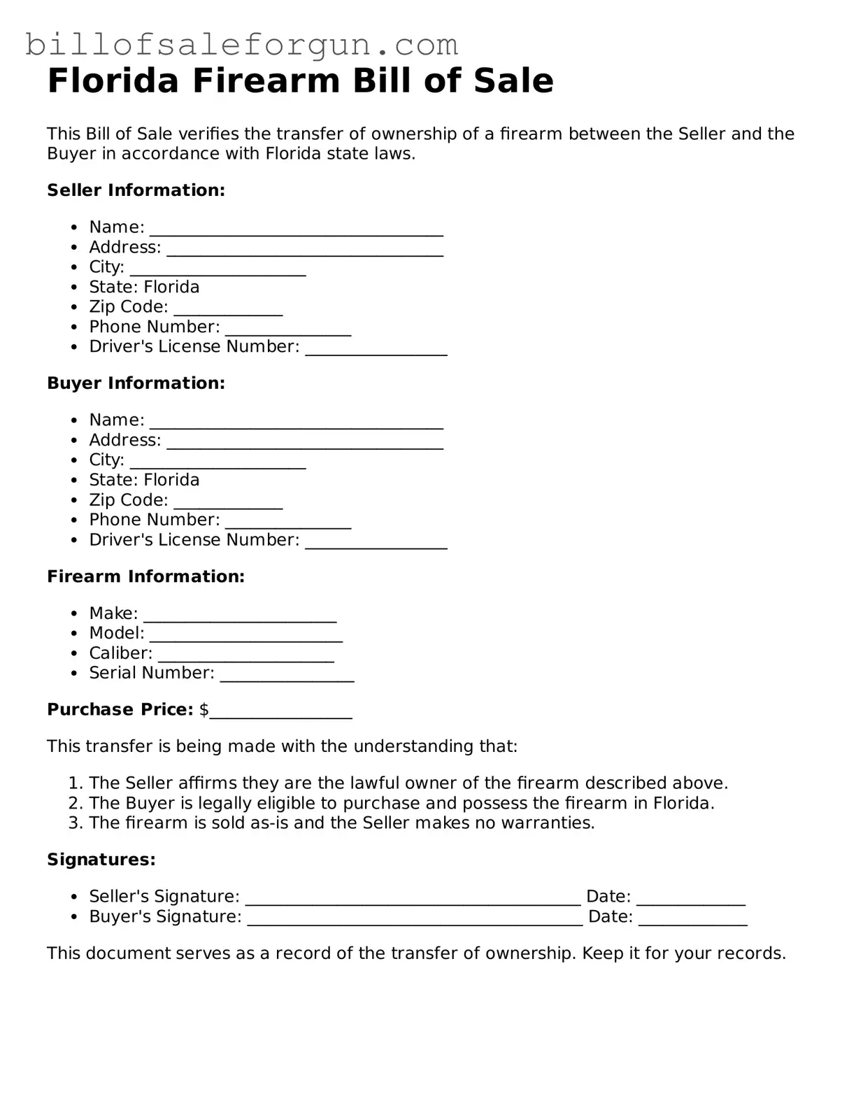 Free Firearm Bill of Sale Document for Florida State