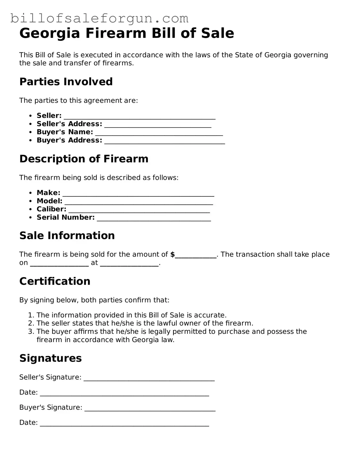 Free Firearm Bill of Sale Document for Georgia State