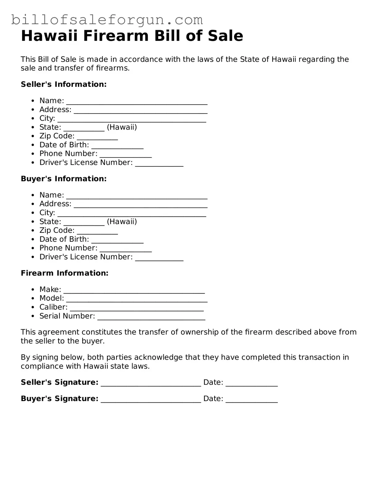 Free Firearm Bill of Sale Document for Hawaii State