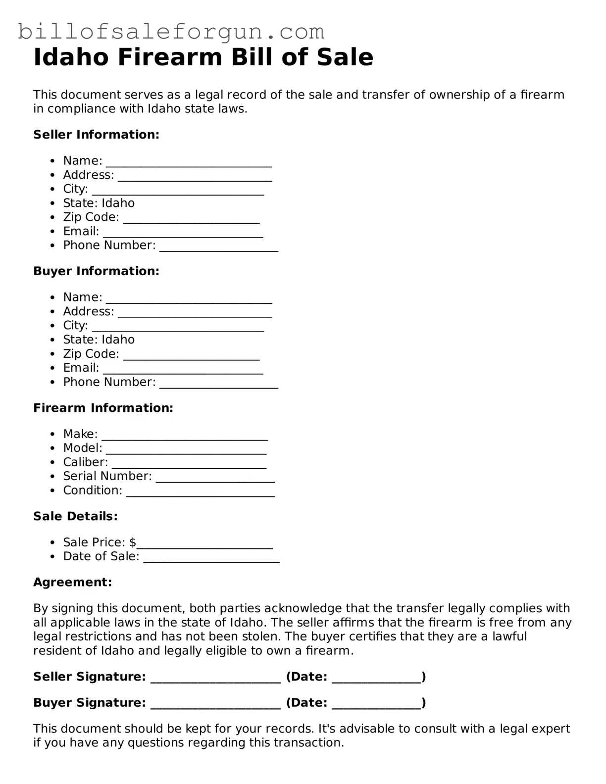 Free Firearm Bill of Sale Document for Idaho State