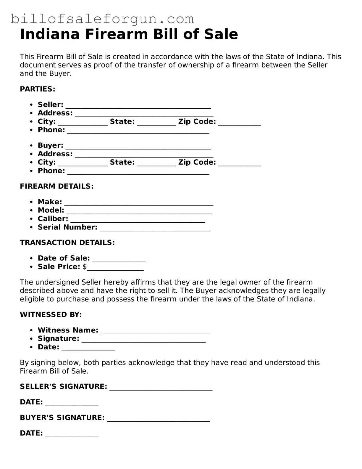 Free Firearm Bill of Sale Document for Indiana State