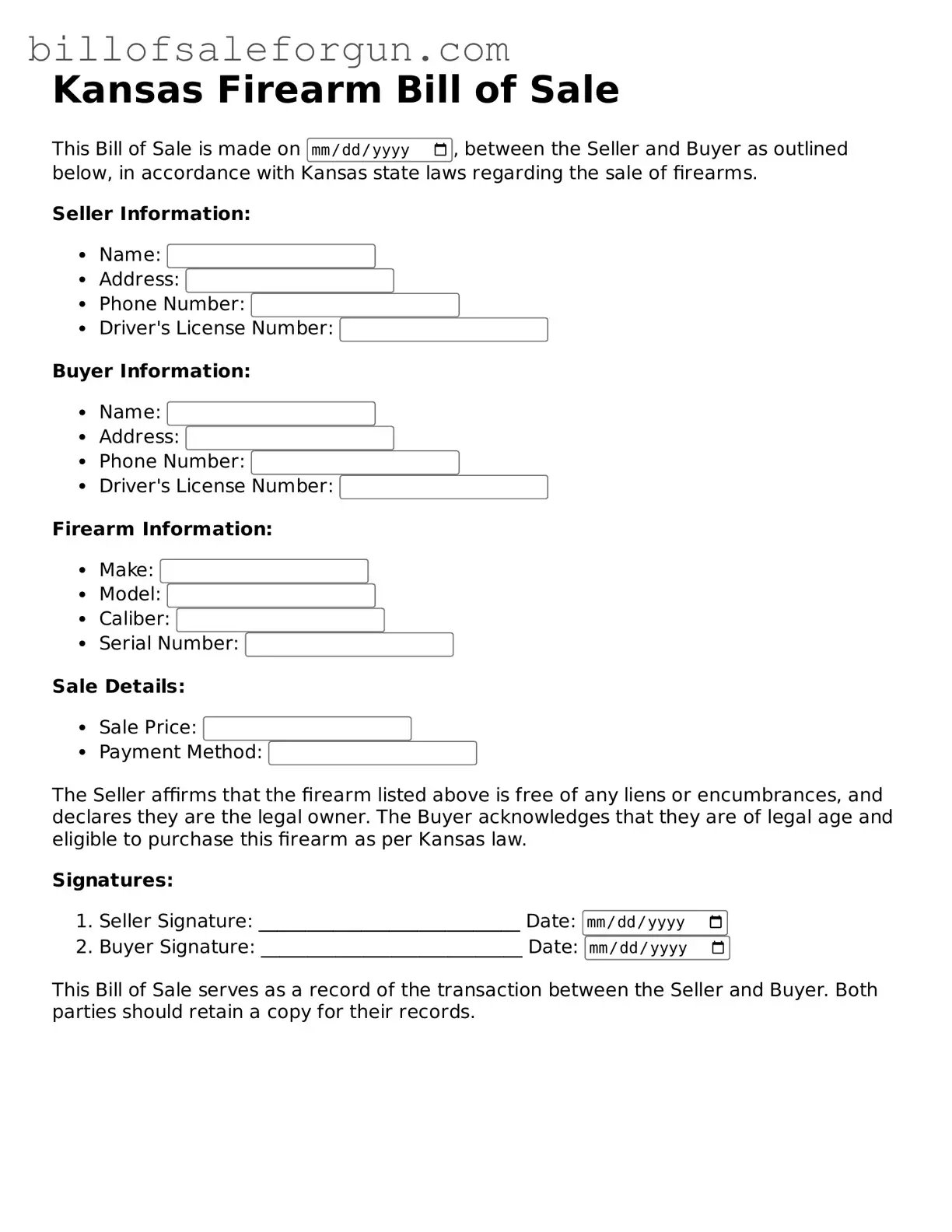Free Firearm Bill of Sale Document for Kansas State