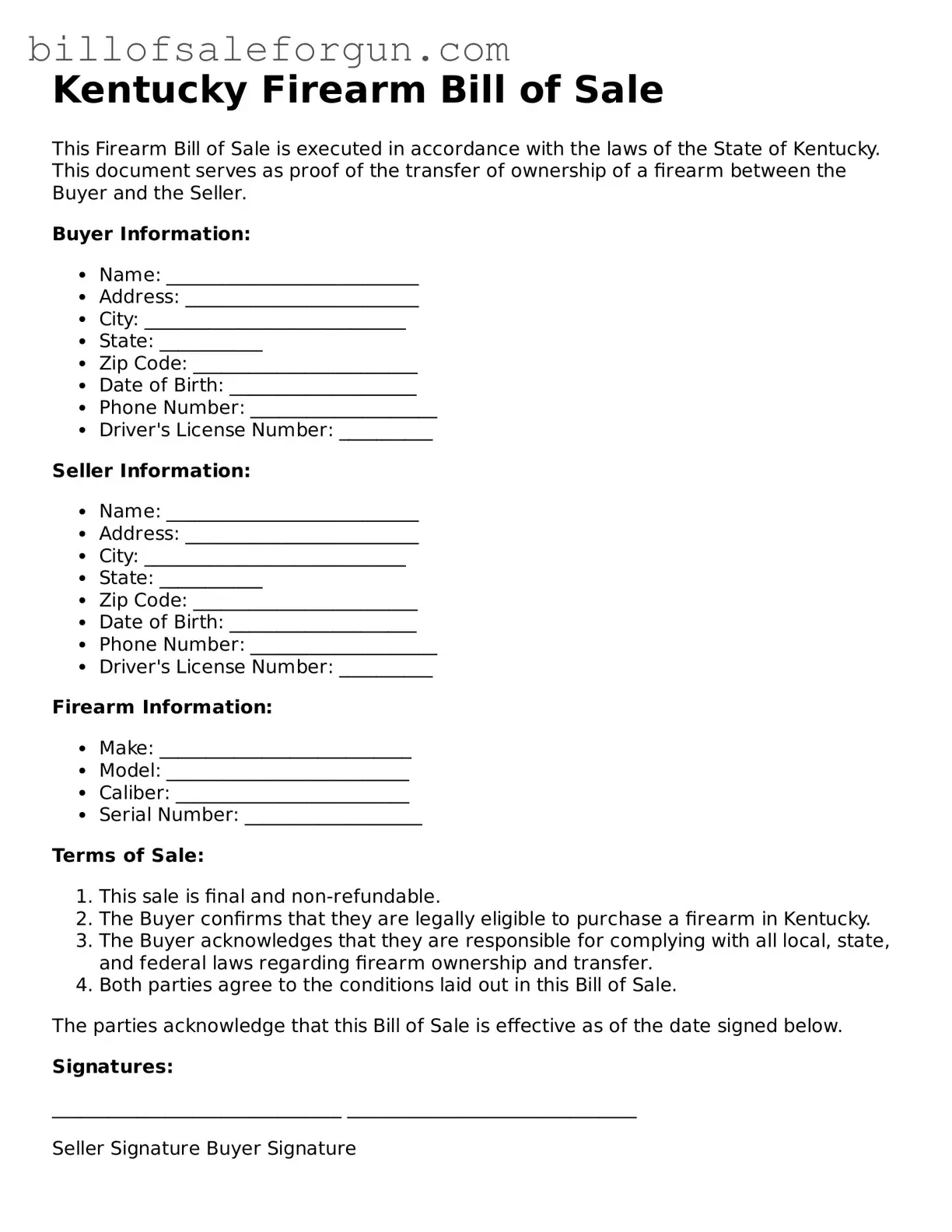 Free Firearm Bill of Sale Document for Kentucky State