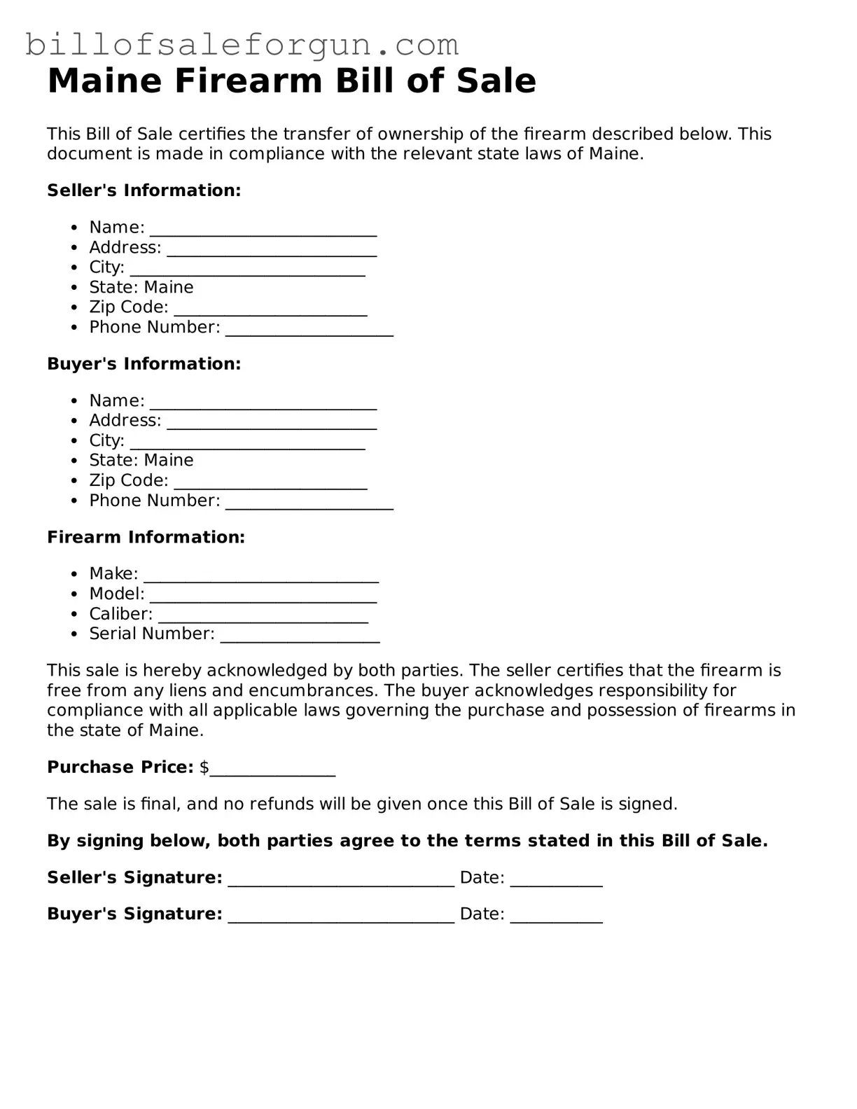 Free Firearm Bill of Sale Document for Maine State