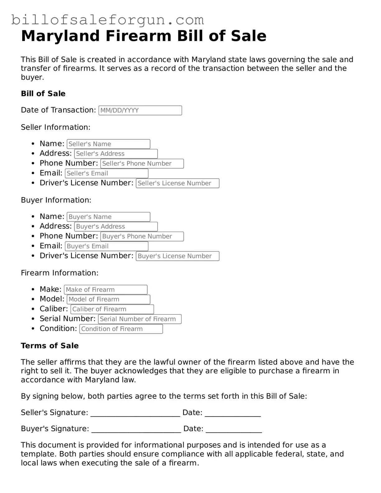 Free Firearm Bill of Sale Document for Maryland State