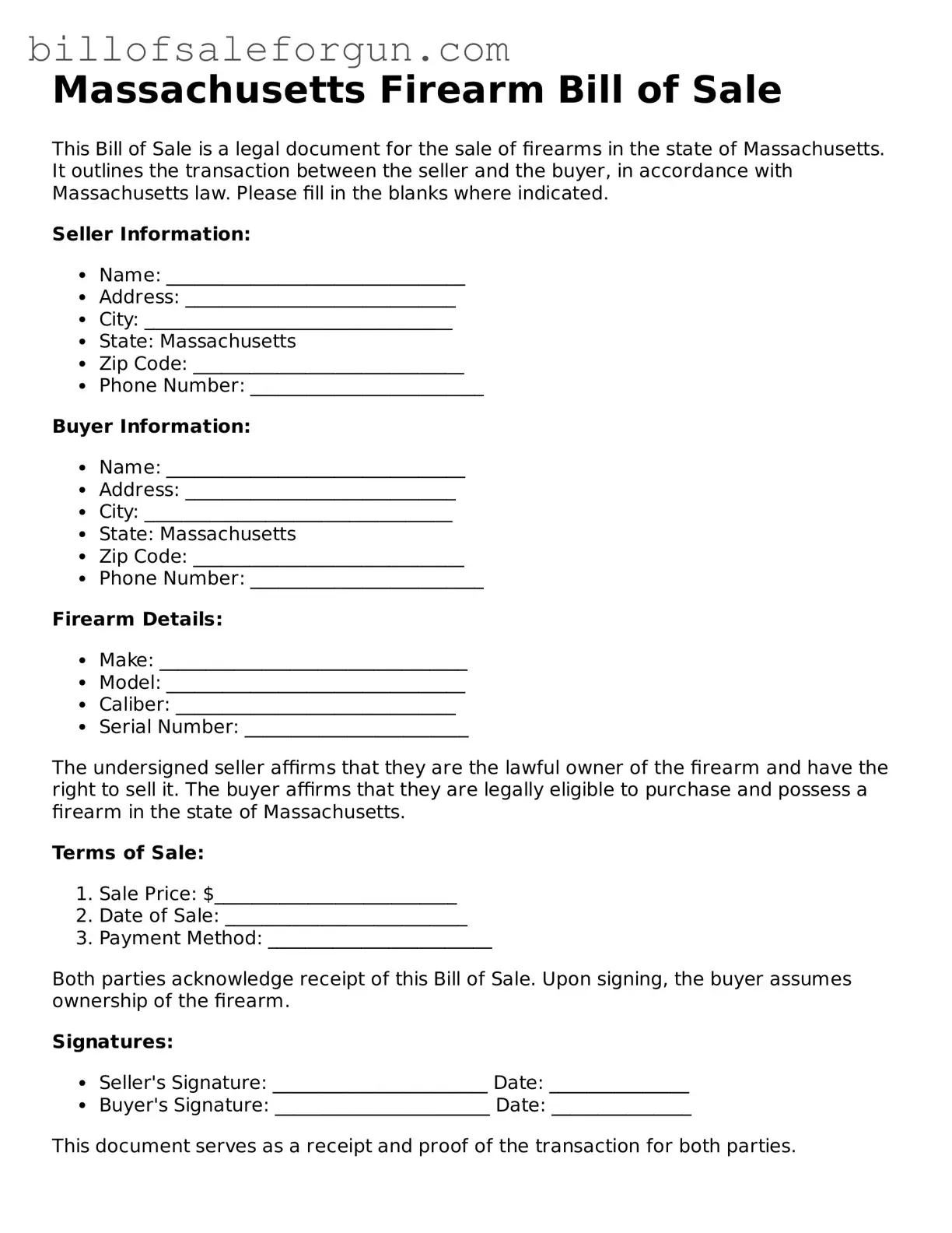 Free Firearm Bill of Sale Document for Massachusetts State