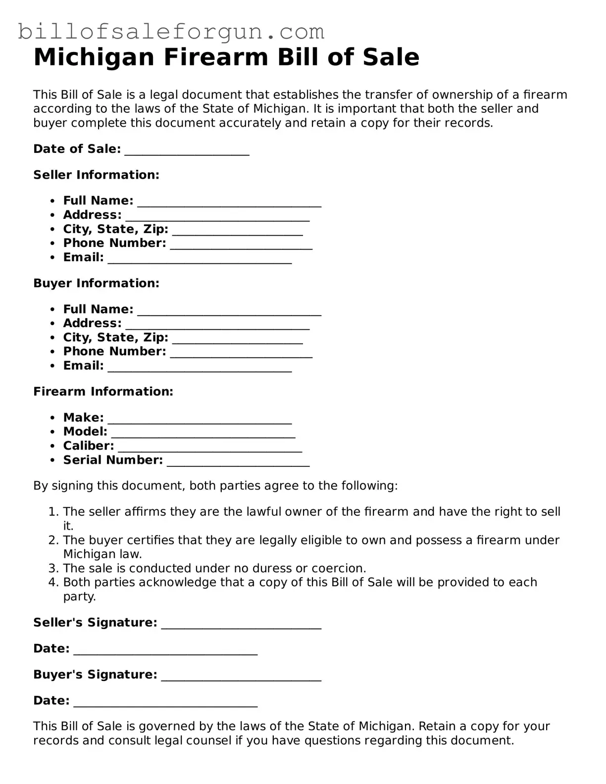 Free Firearm Bill of Sale Document for Michigan State