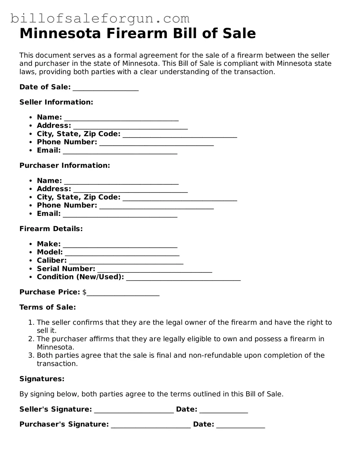 Free Firearm Bill of Sale Document for Minnesota State