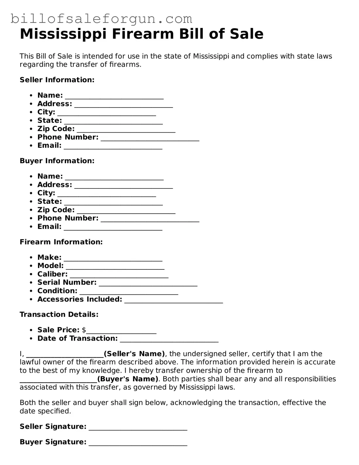 Free Firearm Bill of Sale Document for Mississippi State