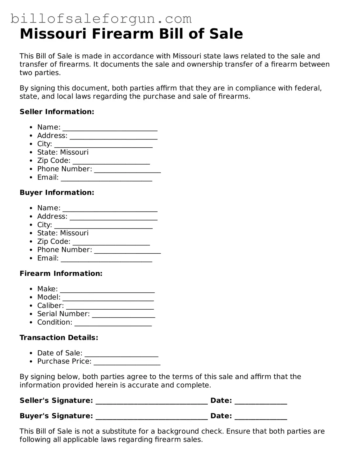 Free Firearm Bill of Sale Document for Missouri State