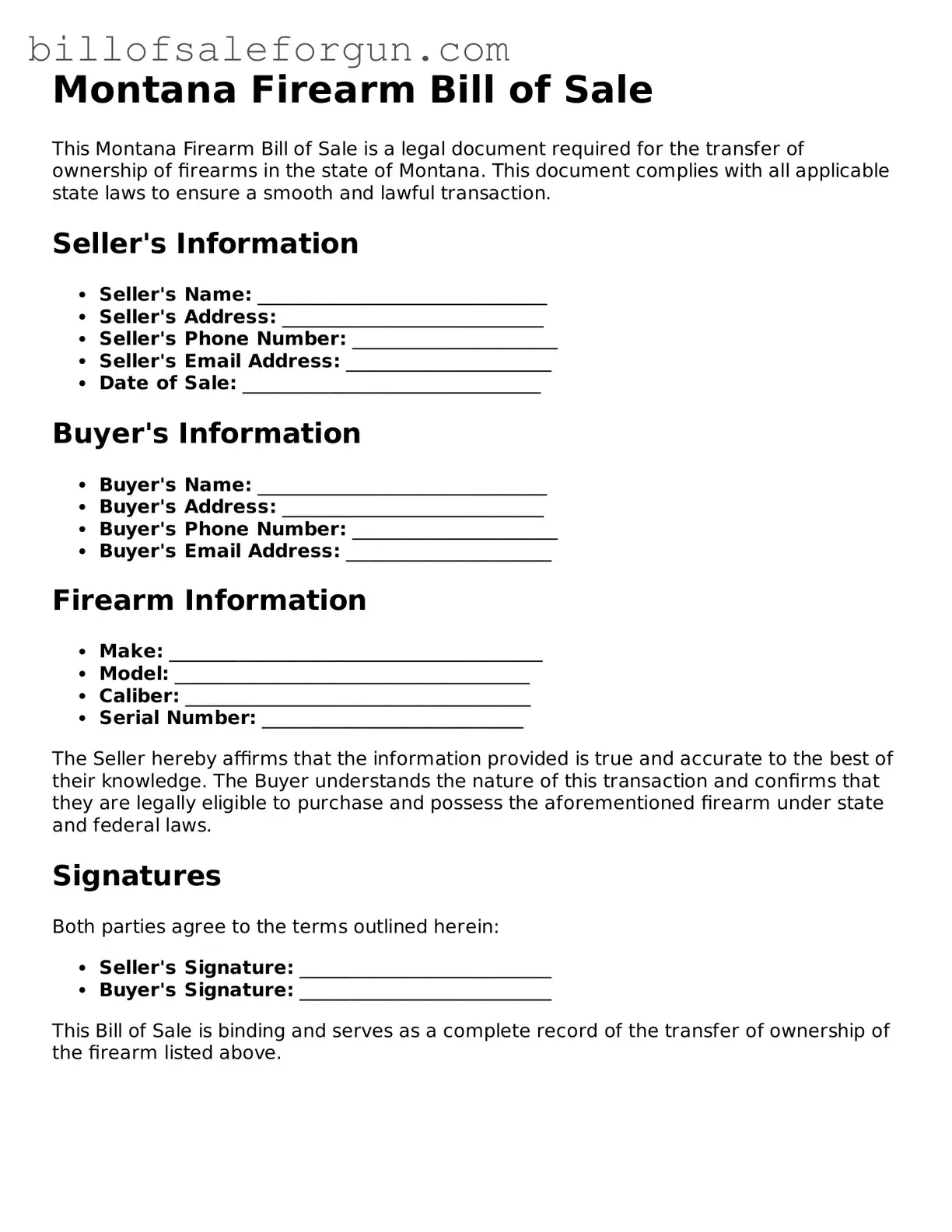 Free Firearm Bill of Sale Document for Montana State