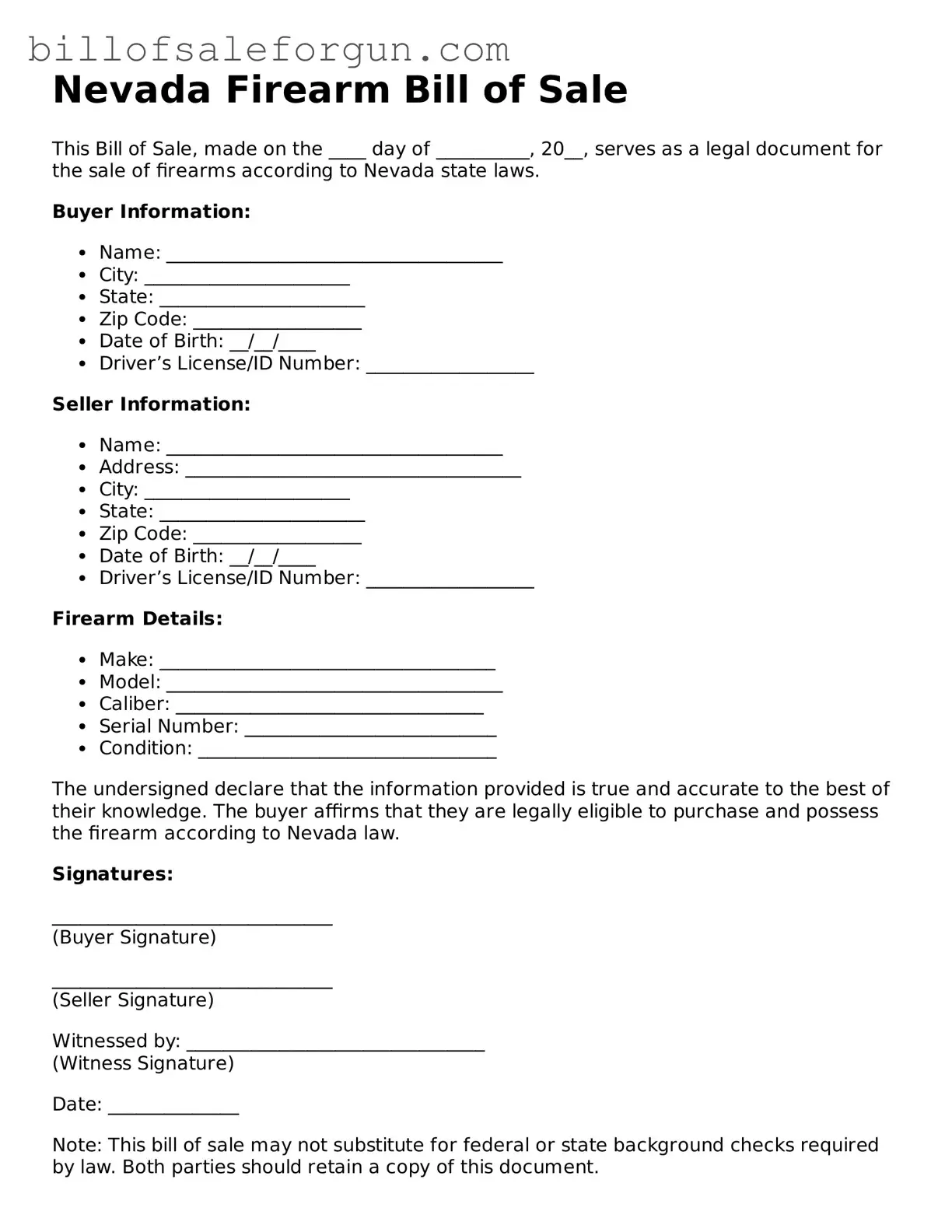 Free Firearm Bill of Sale Document for Nevada State