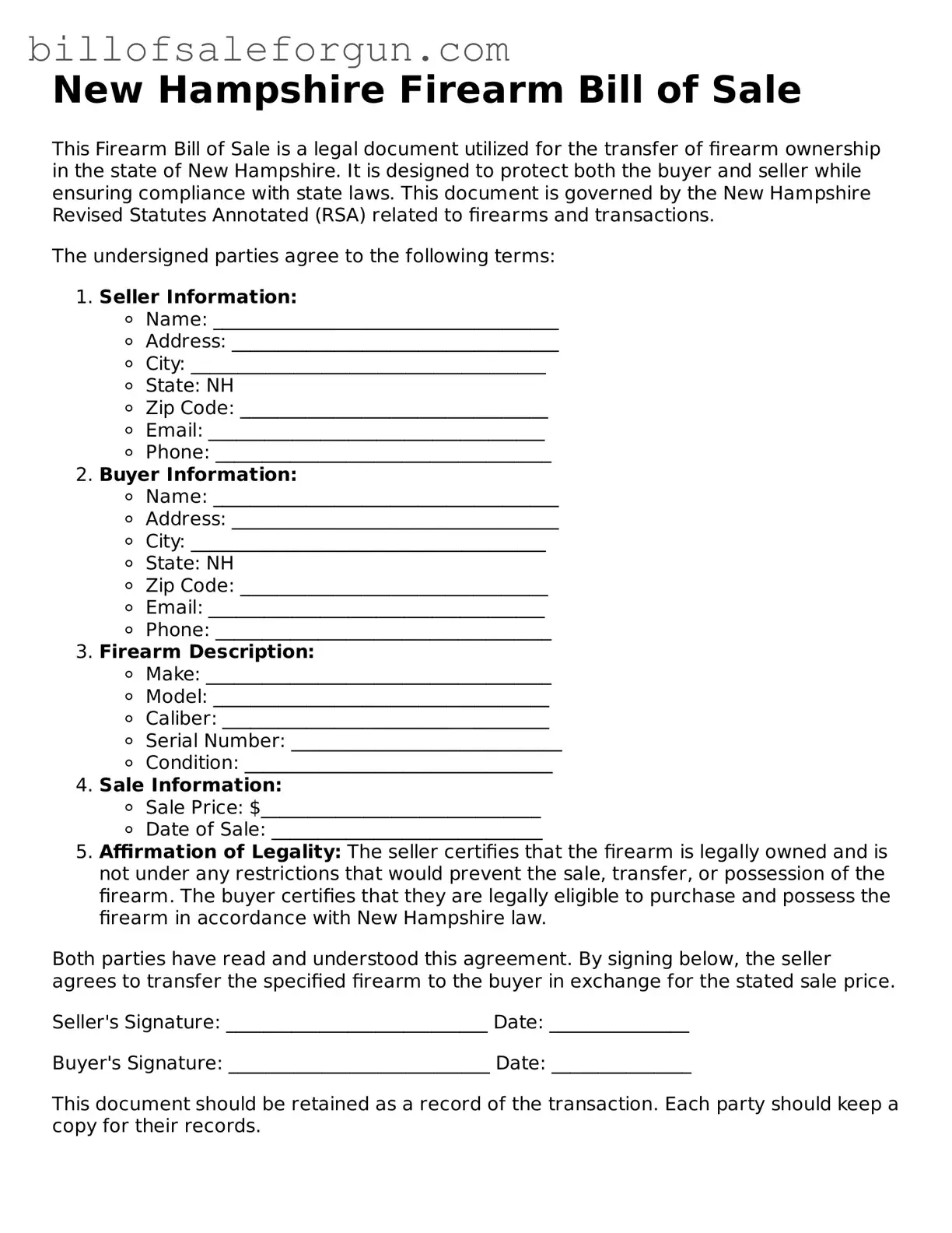 Free Firearm Bill of Sale Document for New Hampshire State