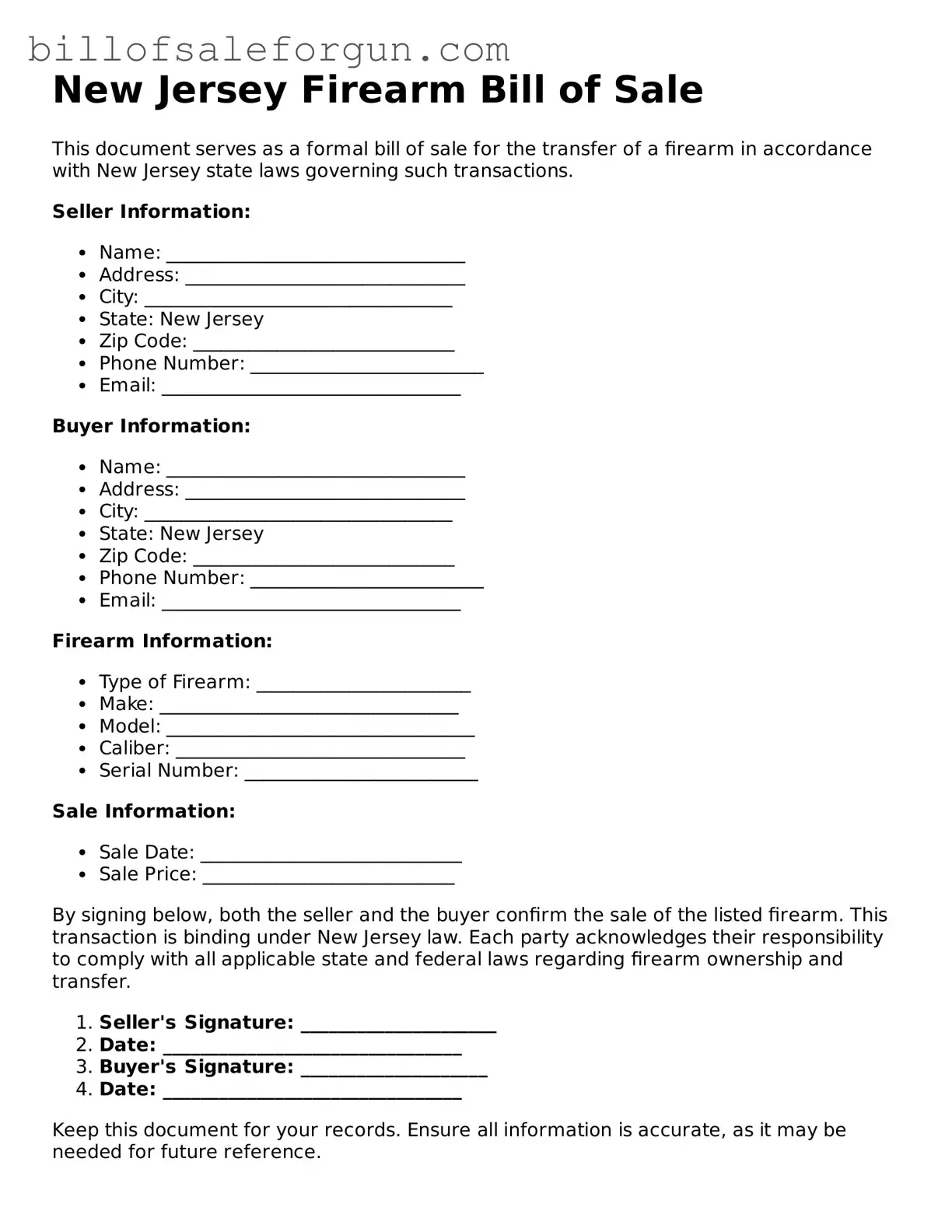 Free Firearm Bill of Sale Document for New Jersey State