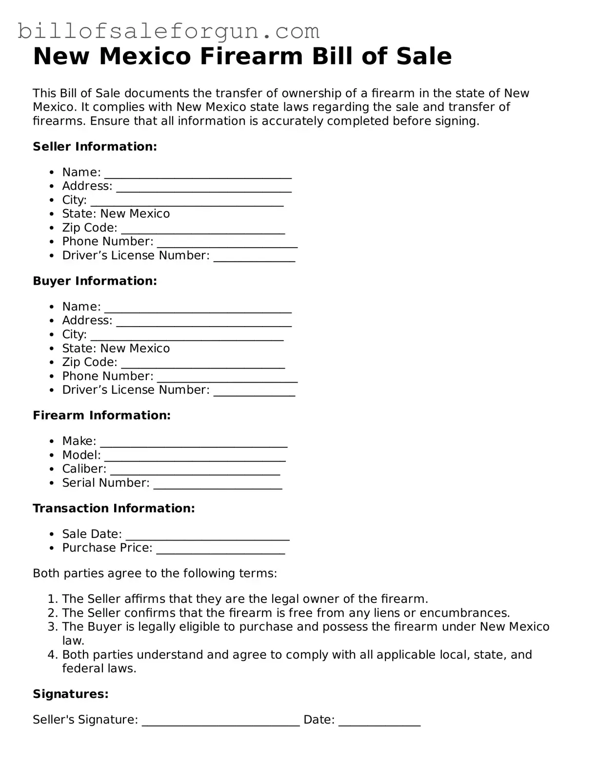 Free Firearm Bill of Sale Document for New Mexico State