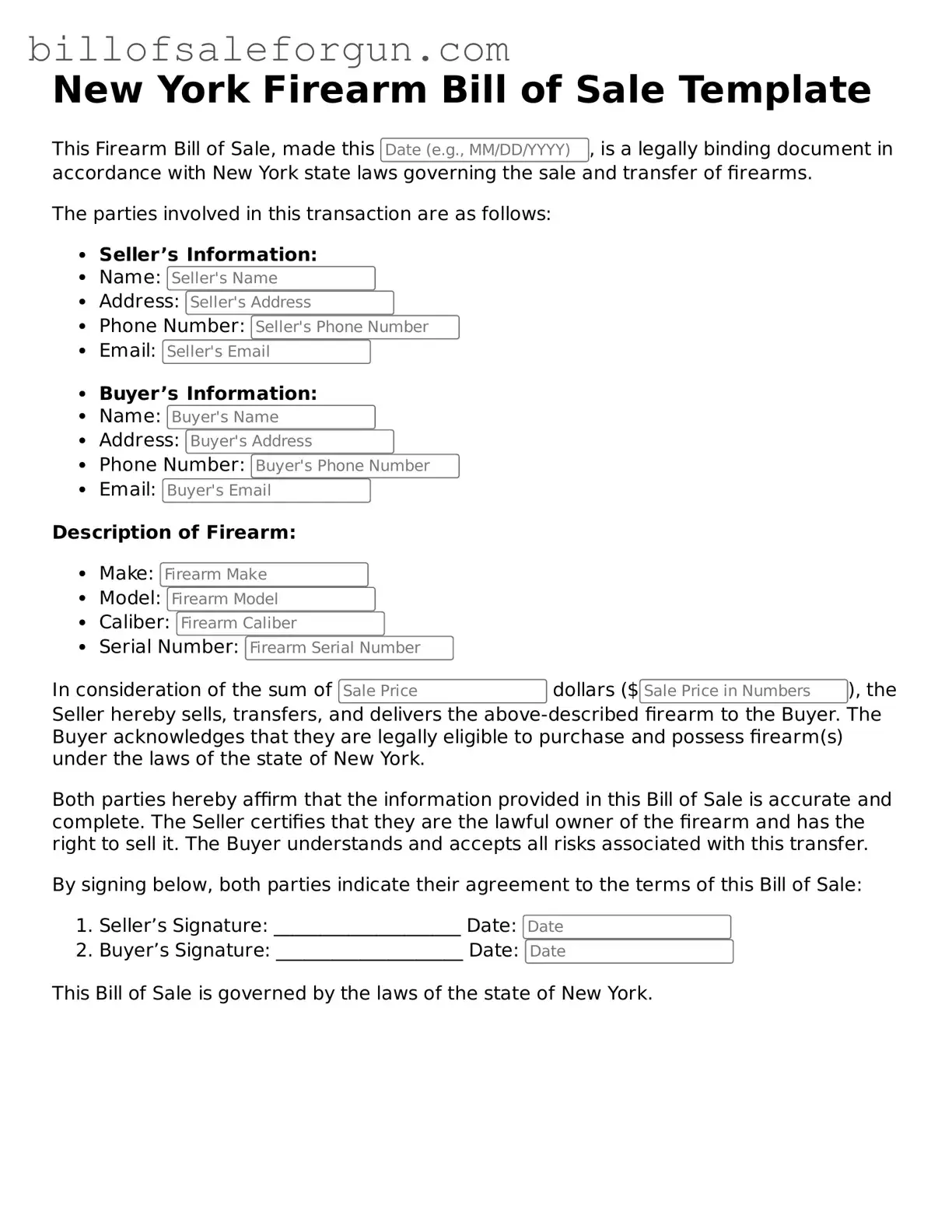 Free Firearm Bill of Sale Document for New York State