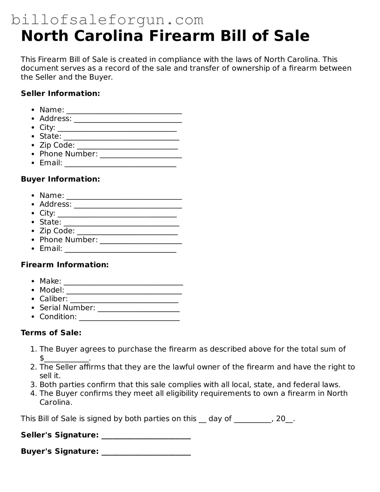 Free Firearm Bill of Sale Document for North Carolina State