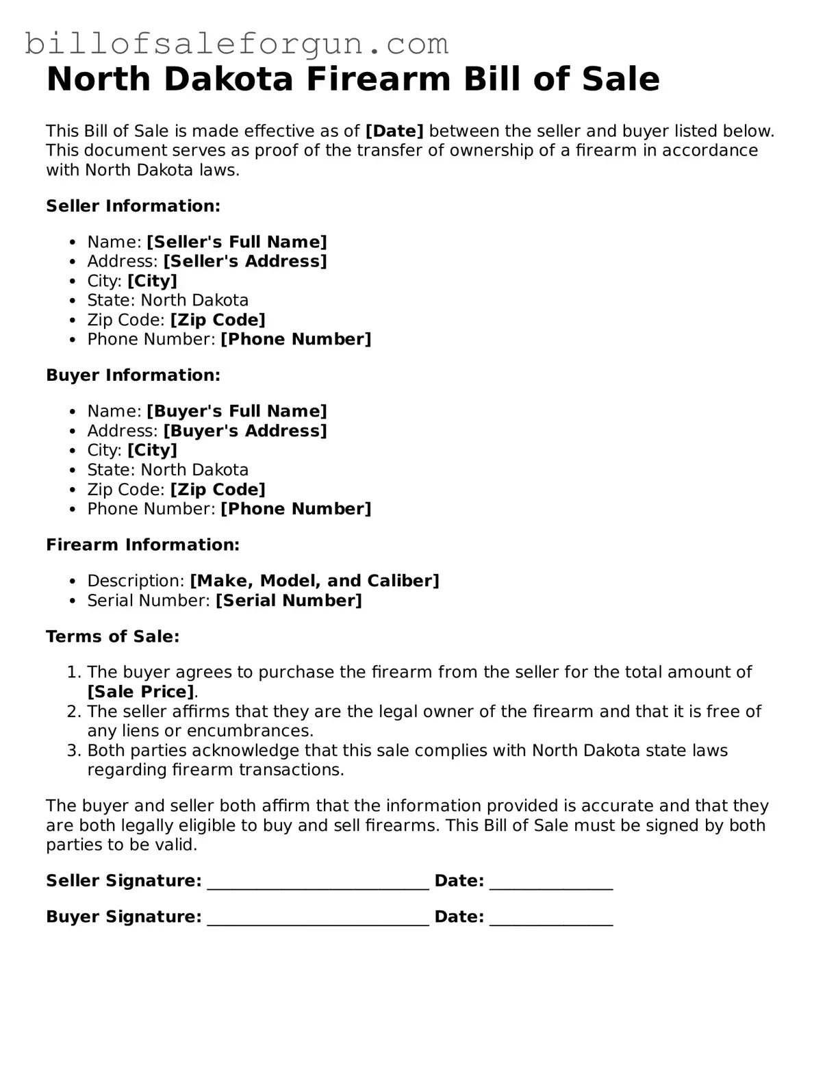 Free Firearm Bill of Sale Document for North Dakota State