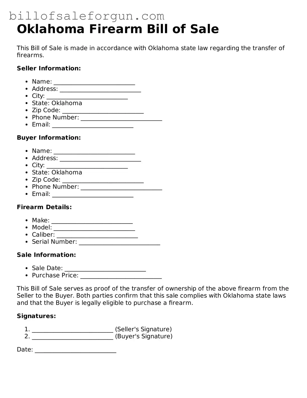 Free Firearm Bill of Sale Document for Oklahoma State