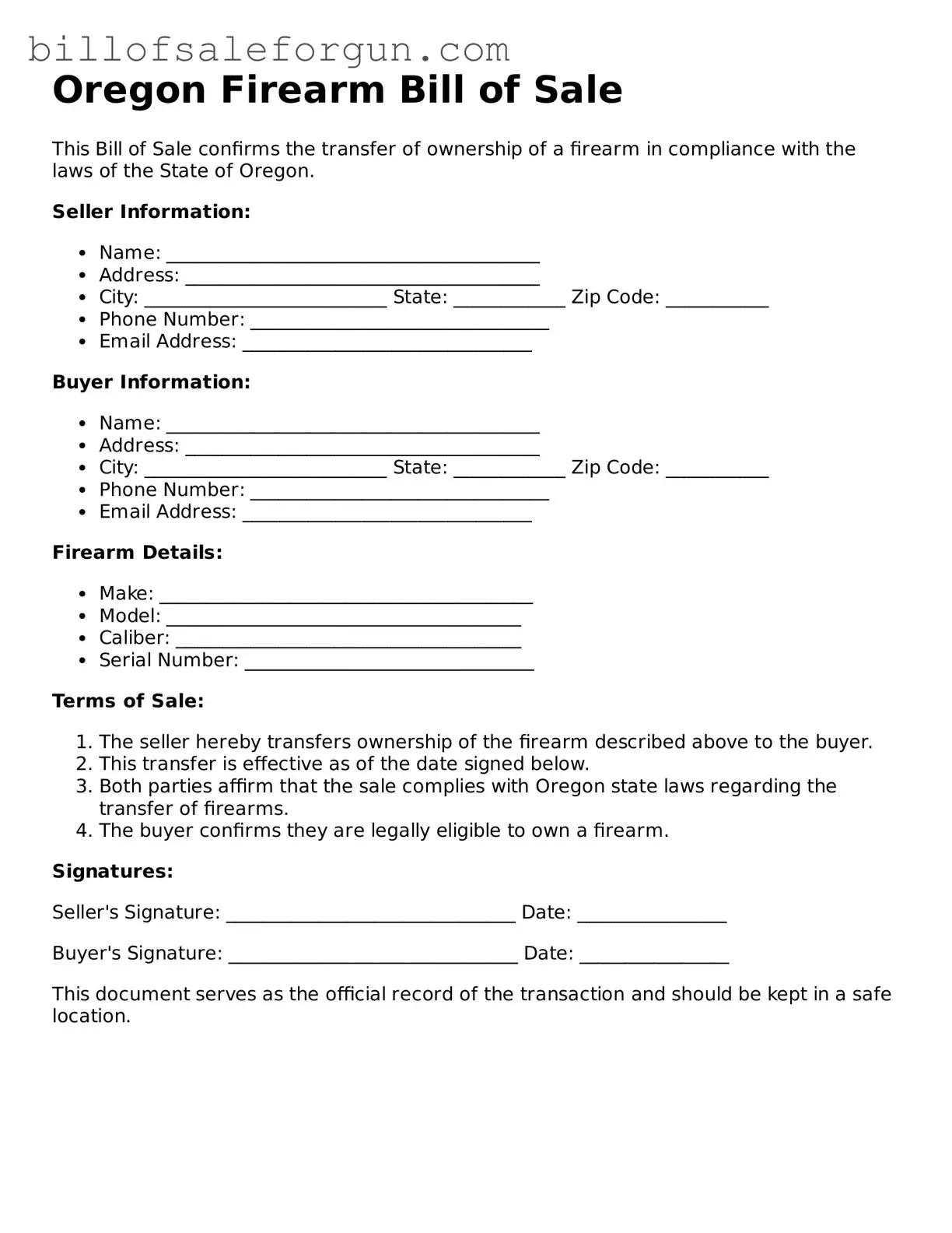 Free Firearm Bill of Sale Document for Oregon State