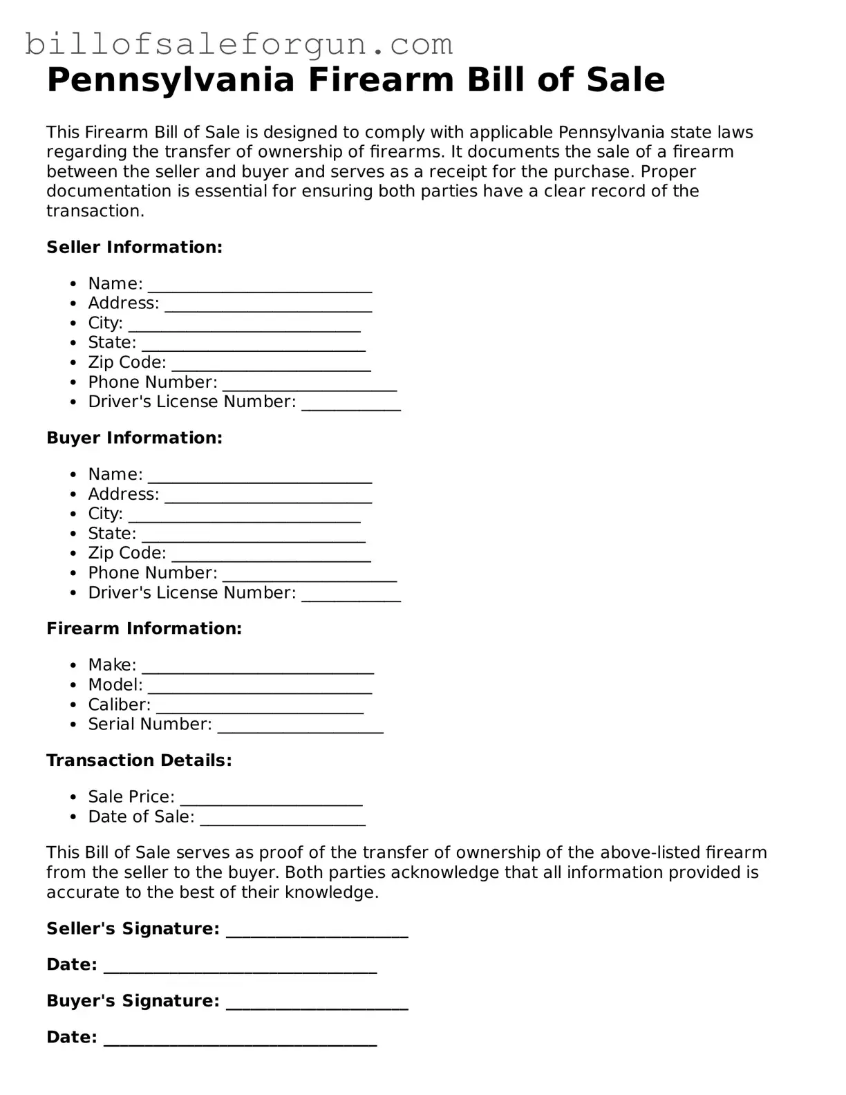 Free Firearm Bill of Sale Document for Pennsylvania State