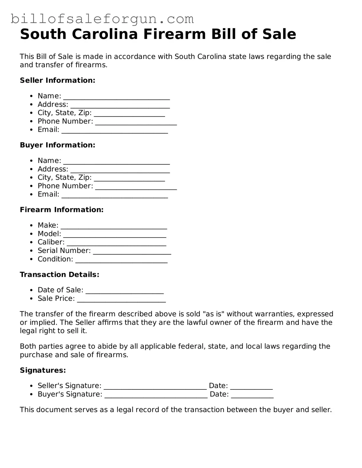Free Firearm Bill of Sale Document for South Carolina State