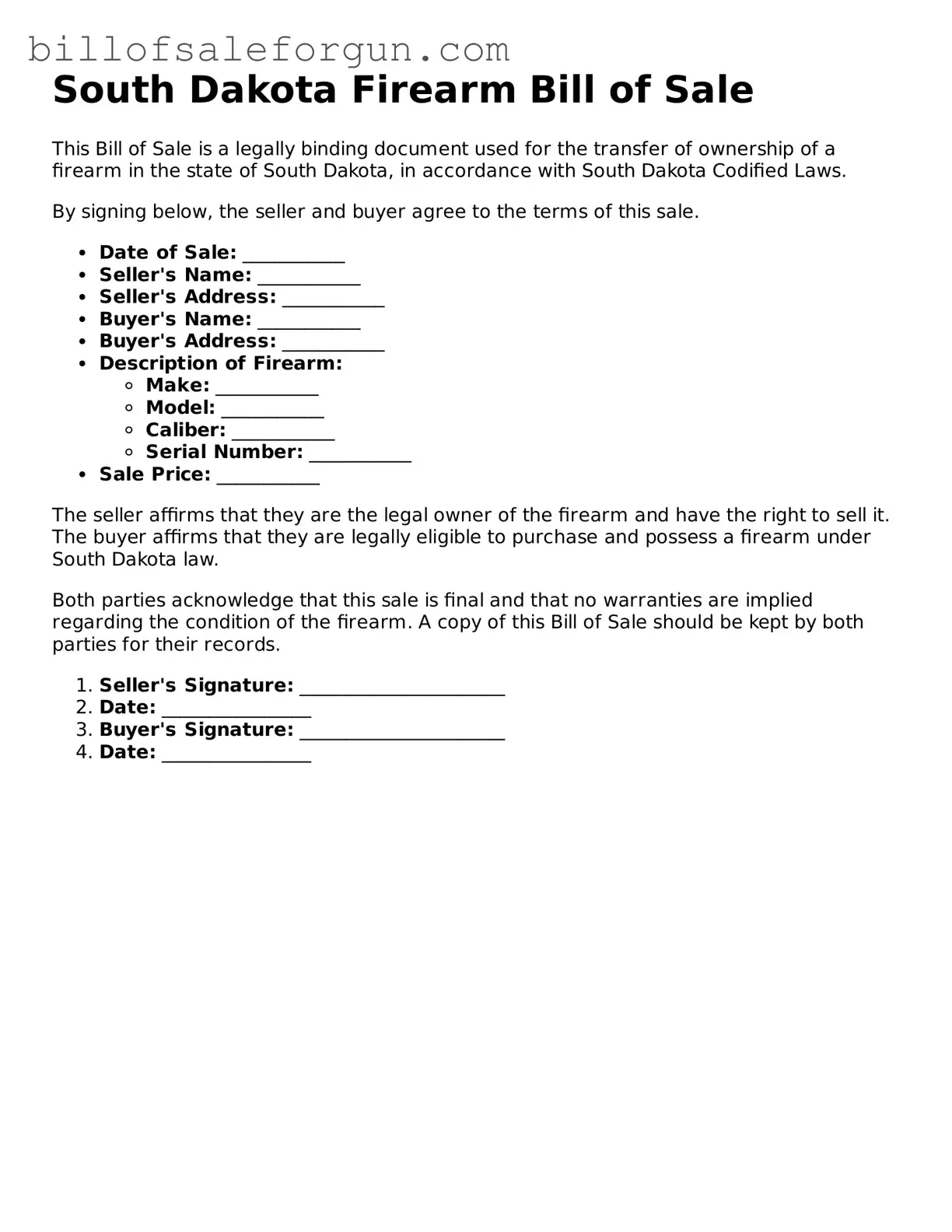Free Firearm Bill of Sale Document for South Dakota State
