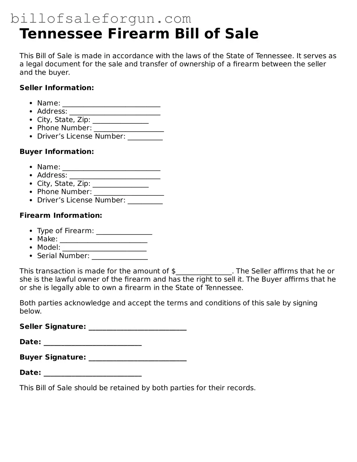 Free Firearm Bill of Sale Document for Tennessee State