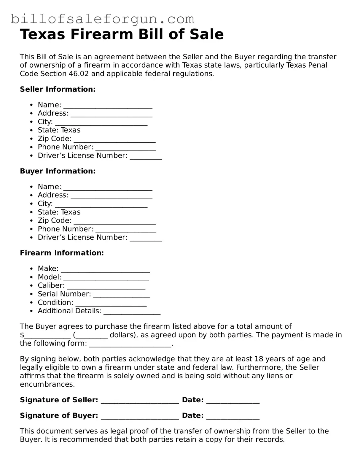 Free Firearm Bill of Sale Document for Texas State