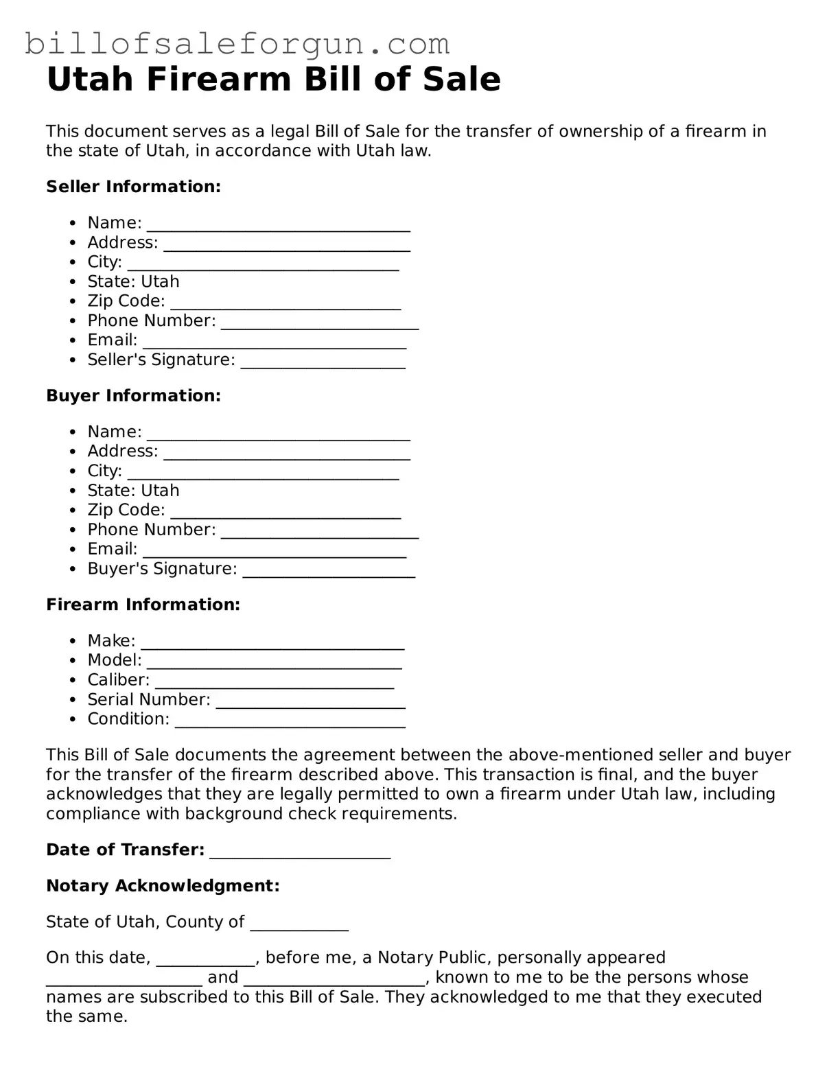 Free Firearm Bill of Sale Document for Utah State