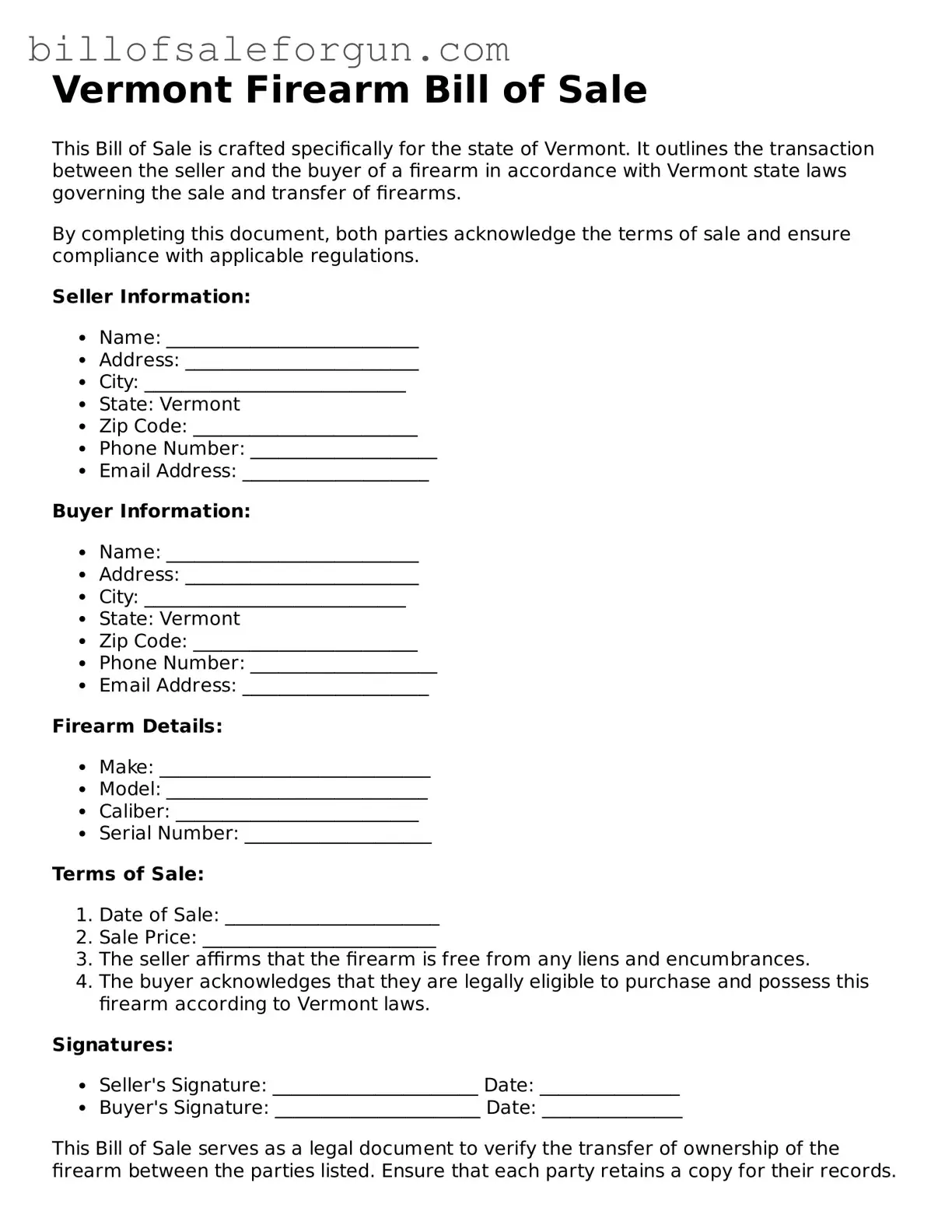 Free Firearm Bill of Sale Document for Vermont State