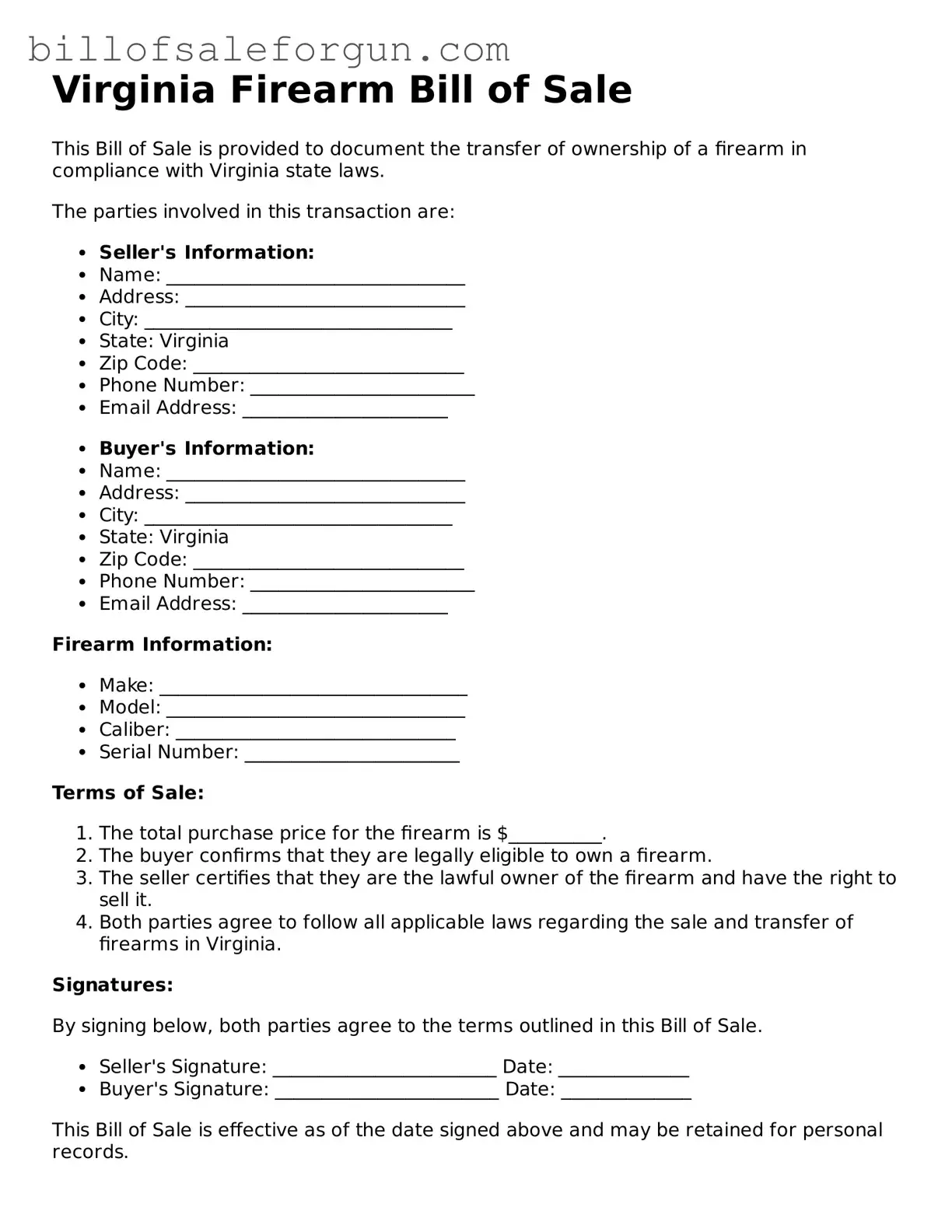 Free Firearm Bill of Sale Document for Virginia State