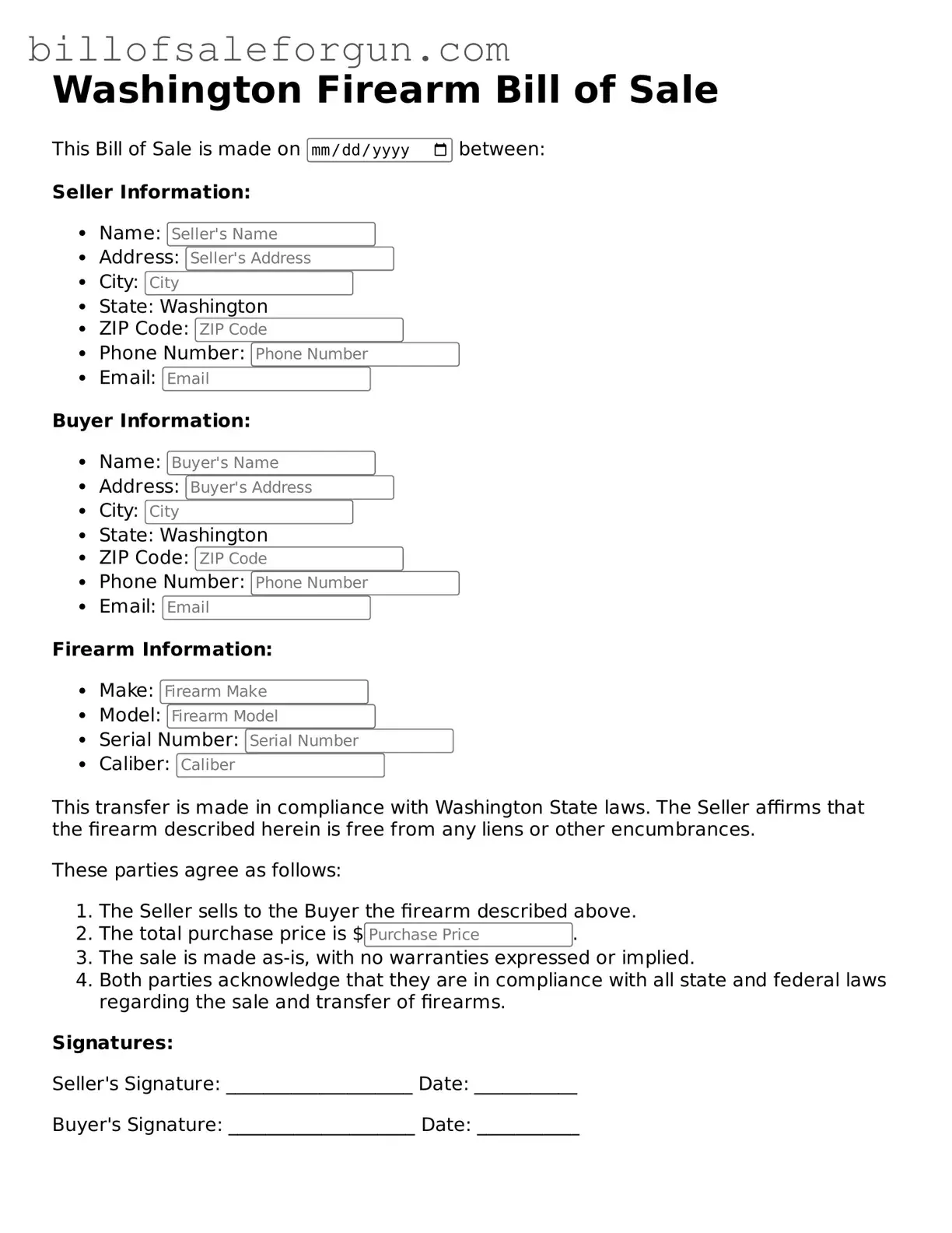 Free Firearm Bill of Sale Document for Washington State