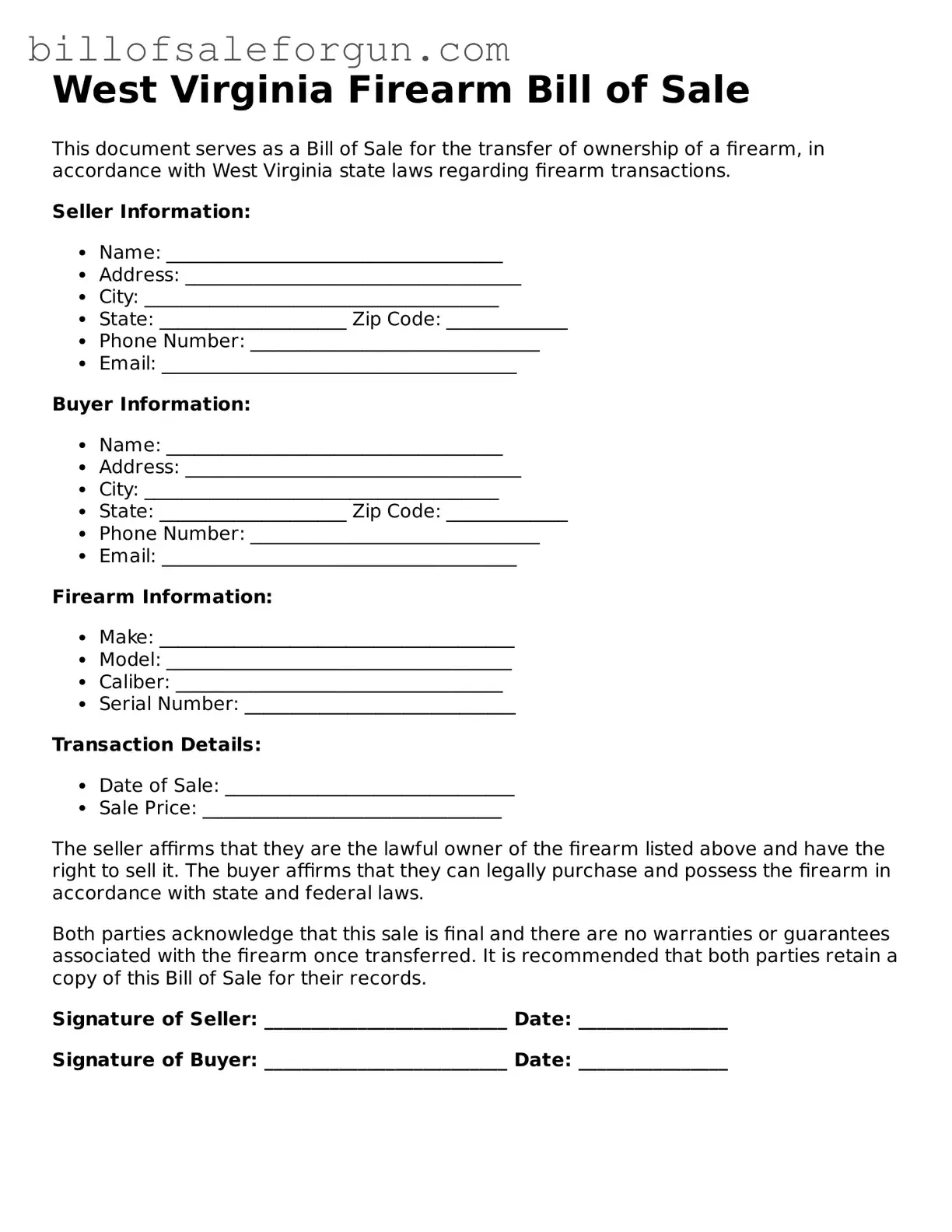 Free Firearm Bill of Sale Document for West Virginia State