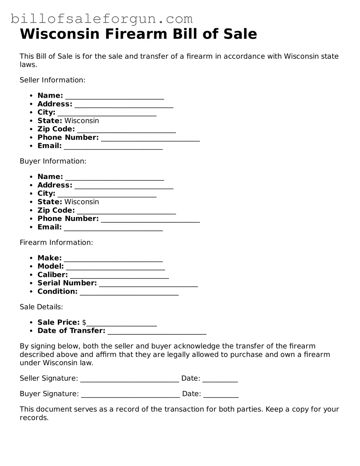 Free Firearm Bill of Sale Document for Wisconsin State