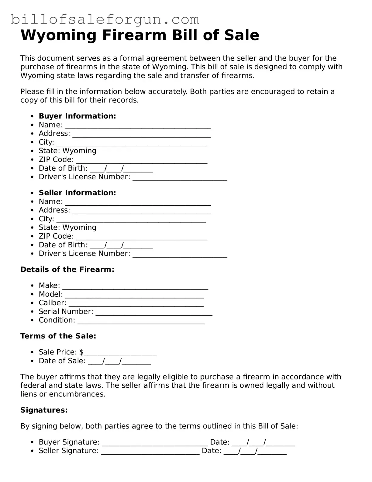 Free Firearm Bill of Sale Document for Wyoming State